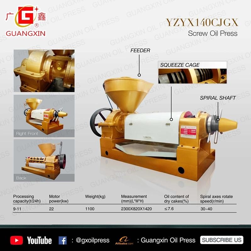 Guangxin Factory Supply Longer Squeeze Chamber Yzyx140cjgx Cold Oil Press Machine