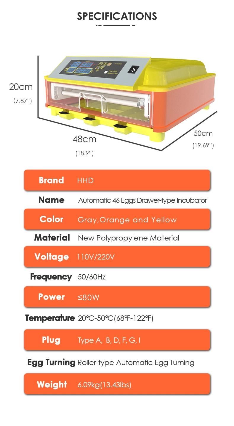 Newest Hhd R46 200W Incubator 60 Eggs Heater Power Consumption