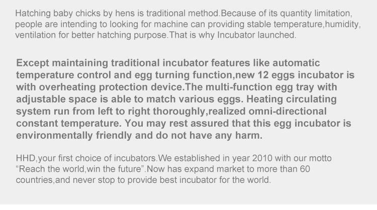 Hhd Multifunctional Intelligent 12 Eggs Incubator Supports OEM/ODM