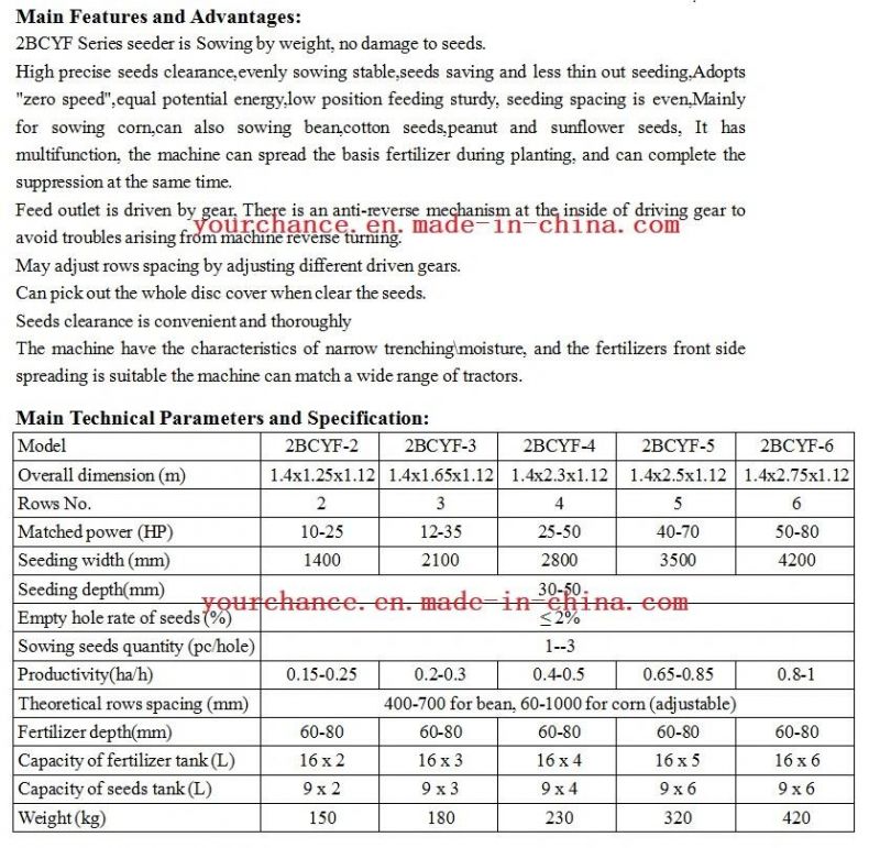 High Quality 2bcyf-6 6rows Corn Seeder with Fertilizer Drill