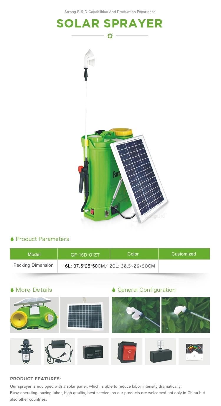Taizhou Guangfeng 16L/20L Agricultural Knapsack Battery Electric Type Pump Solar 2 In1 Power Hand Sprayer