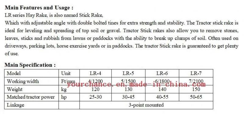 High Quality Lr Series 4-7FT Width Stick Rake Hay Rake for 25-65HP Tractor