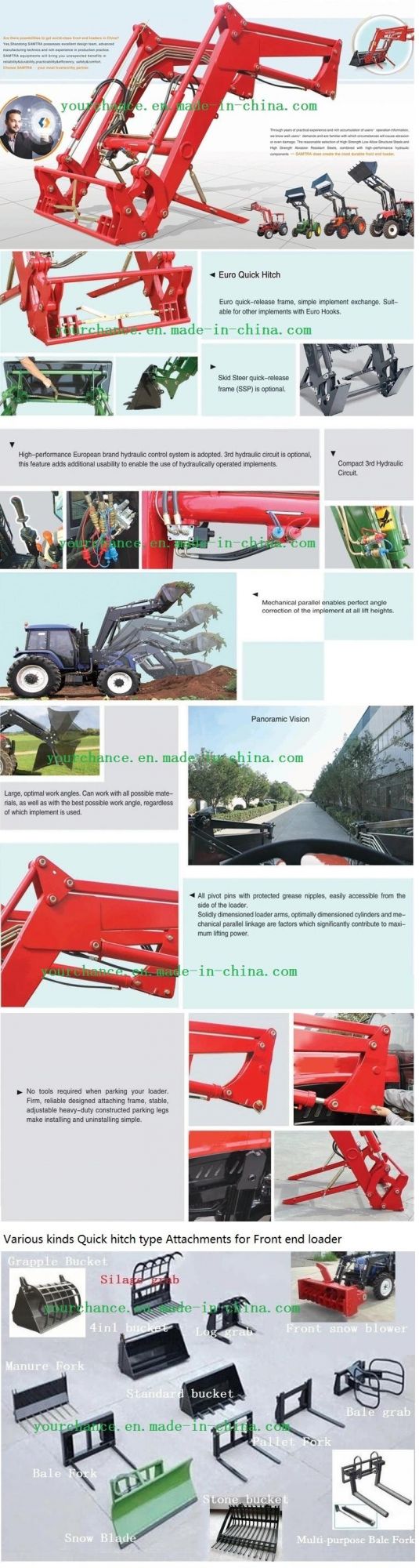 Hot Selling CE Certificate Tz Series Europe Quick Hitch Type Agricultural Wheel Farm Tractor Mounted Front End Loader Made in China Factory