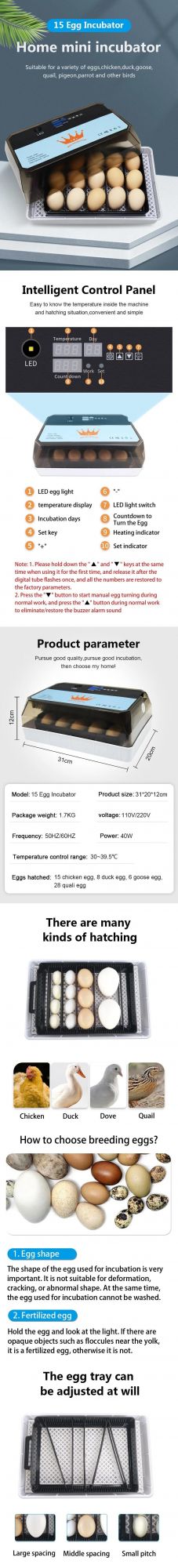 Ht-15 Mini Automatic House Hould 15 Poultry Egg Incubator