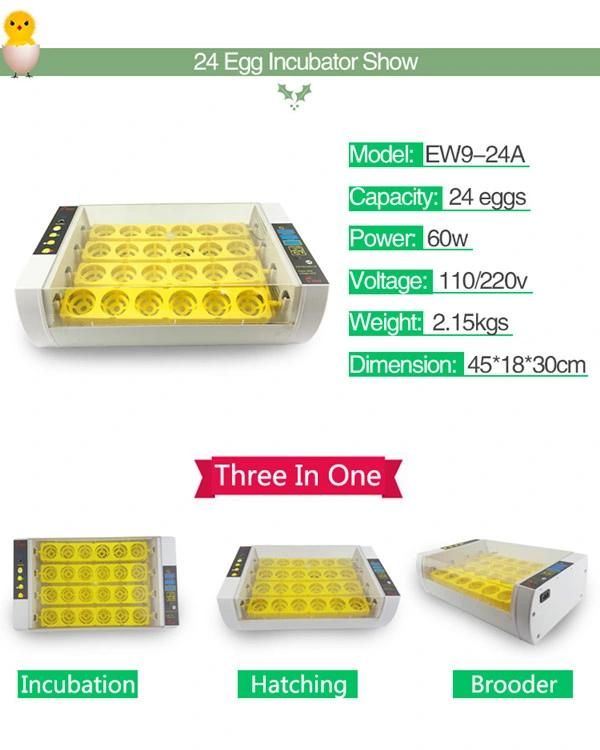 Hhd Home Use Portable 24 Poultry Egg Incubator Hatching Machine Good Price